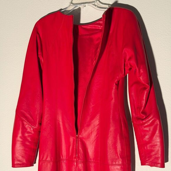 Vintage 80s 90s Red Leather Pencil Dress Mod Wife Rock Grunge Holiday Party XS - Picture 7 of 16